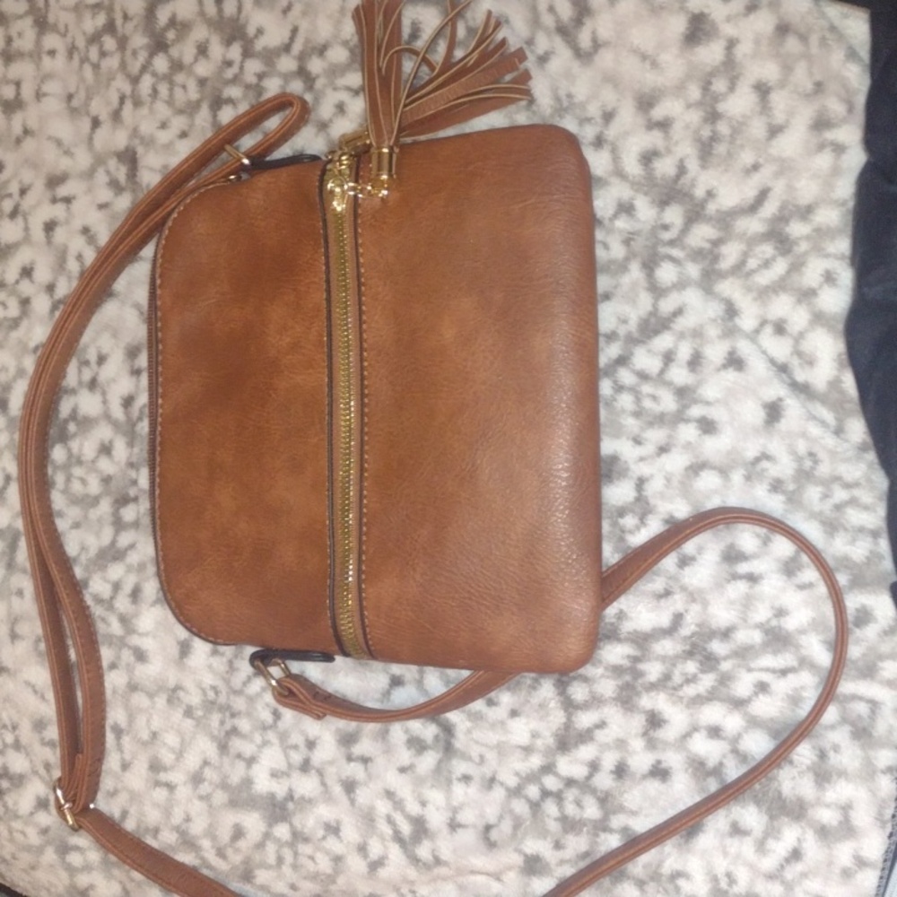 Adjustable Crossbody Fringe Tassel Brown And Gold Leather Purse
